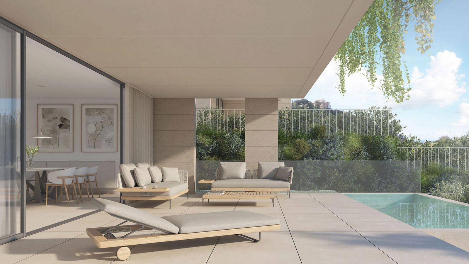 Modern living room with large glass windows, pool view, and outdoor furniture.