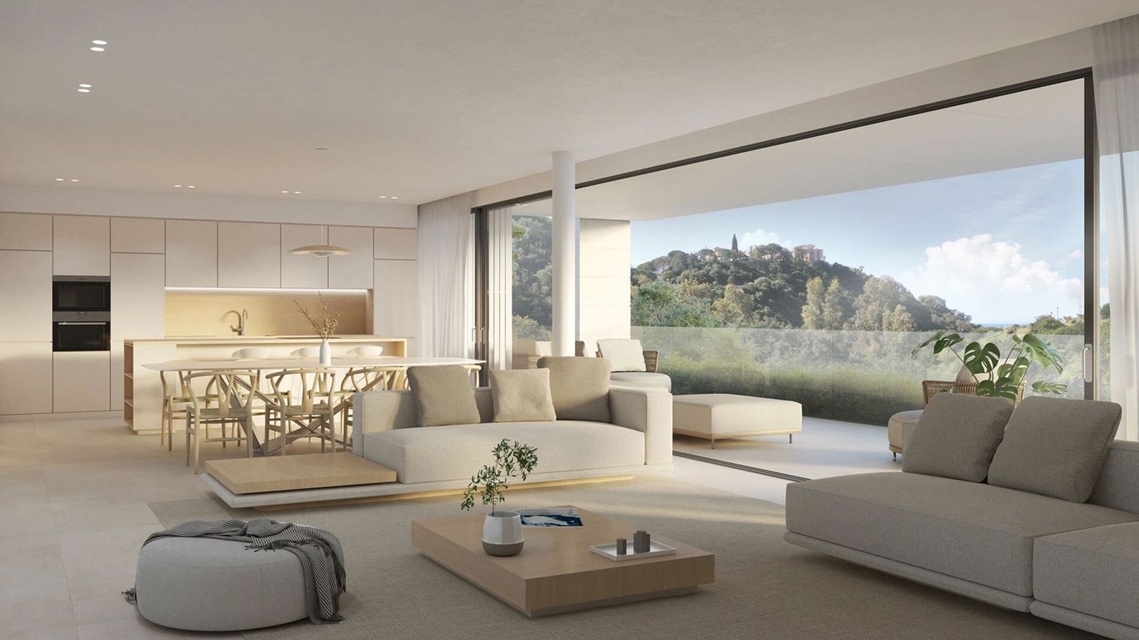 Modern living room with large windows showcasing a scenic hill view.